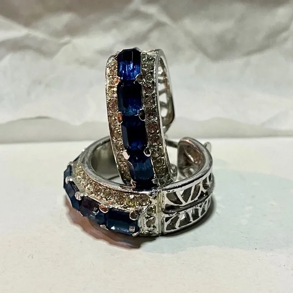 Silver-Toned Faux Blue Sapphire and Zirconia Hoop Earrings –Crystal Huggie Hoops - Picture 6 of 15